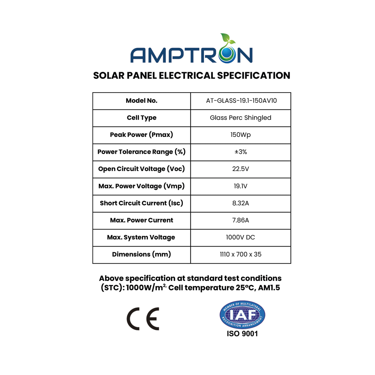 Amptron 150W 12V Rigid Glass Perc Shingled Solar Panel