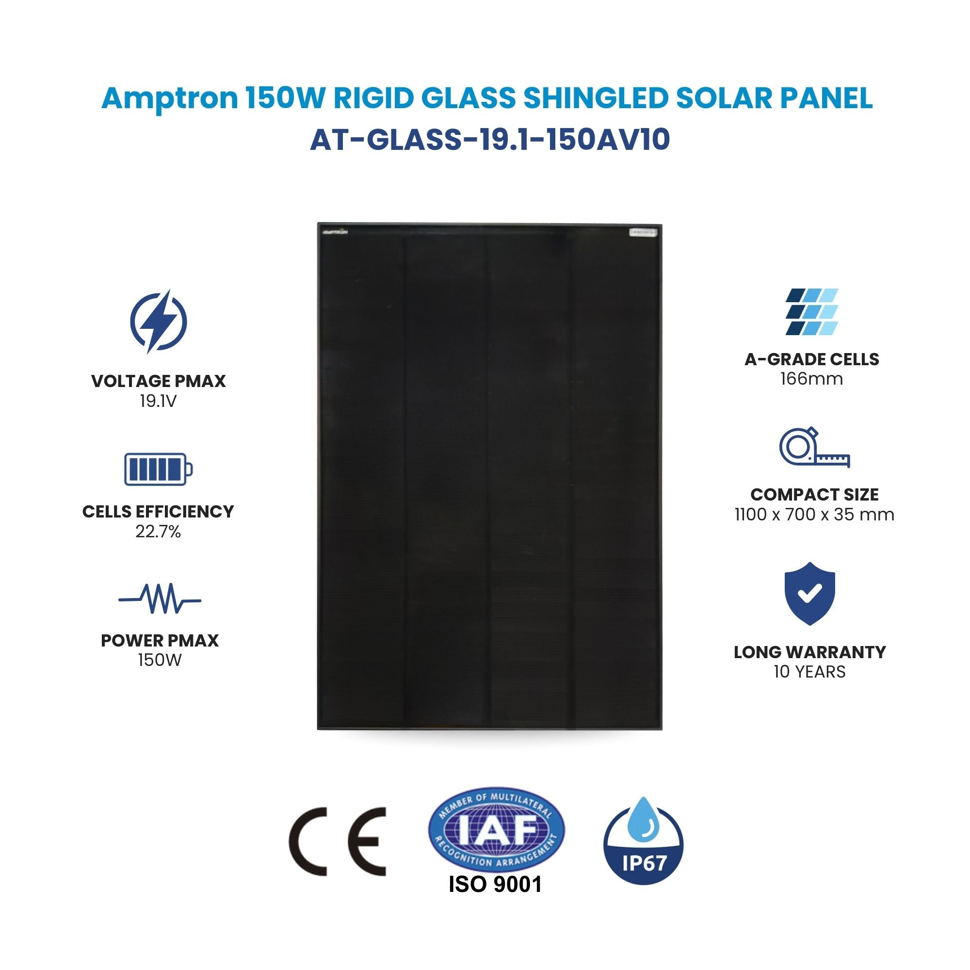 Amptron 150W 12V Rigid Glass Perc Shingled Solar Panel