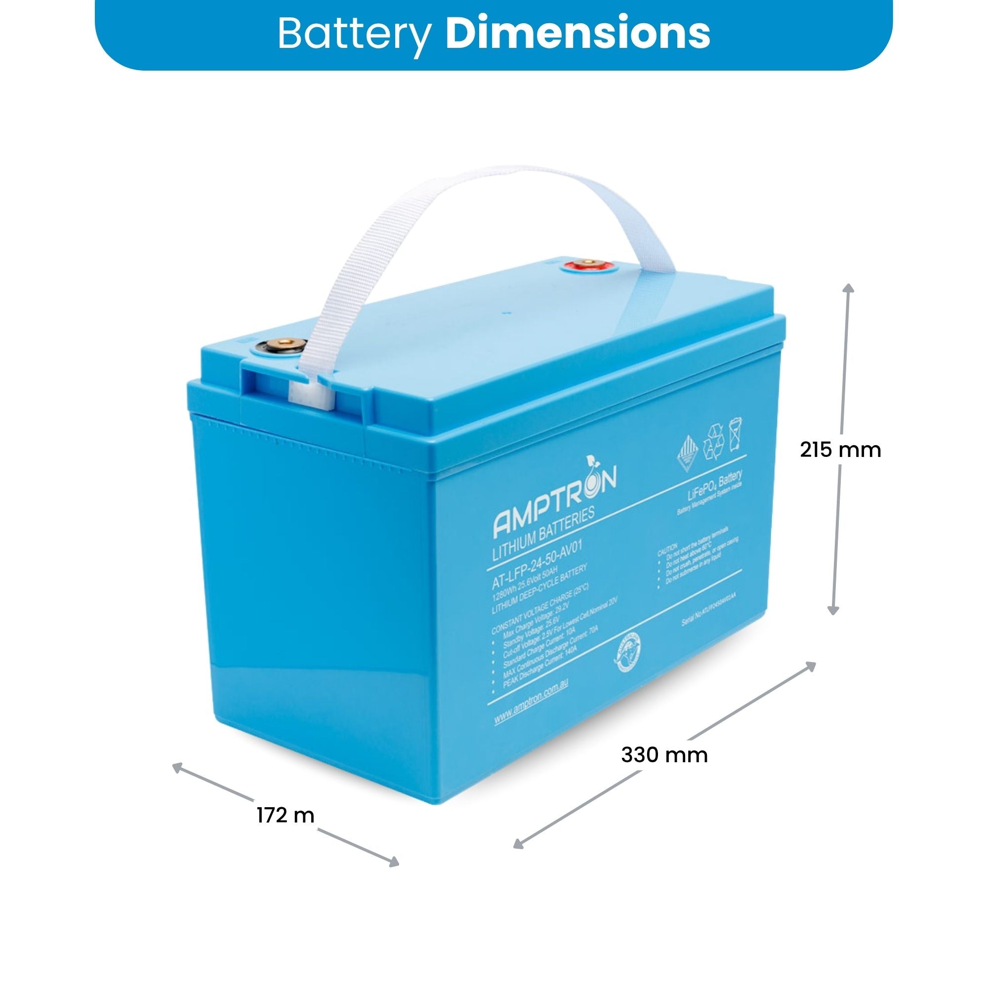 Amptron 24V 50Ah 70A LiFePO4 Battery with IP65 Rating - 1280Wh