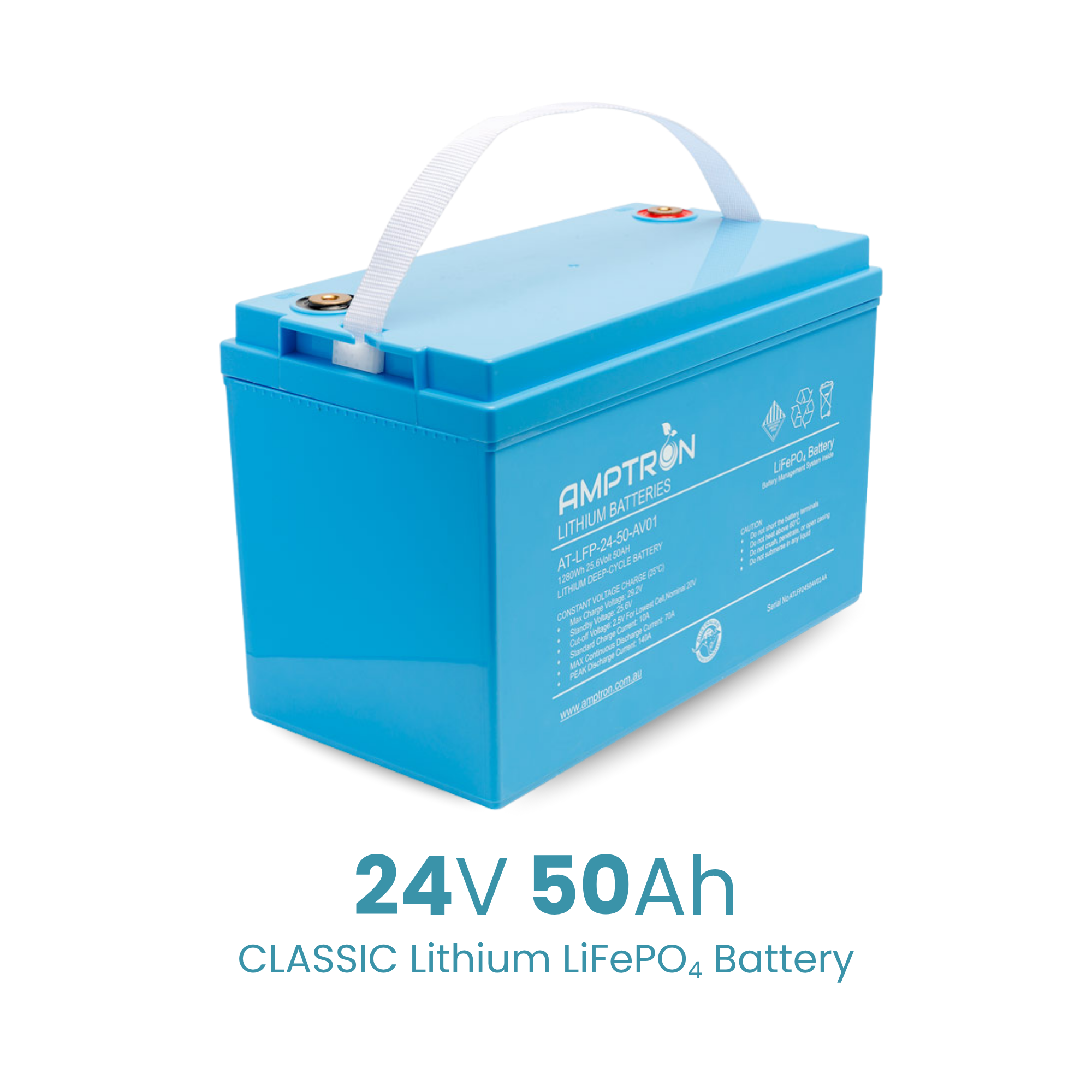 Amptron 24V 50Ah 70A LiFePO4 Battery with IP65 Rating - 1280Wh