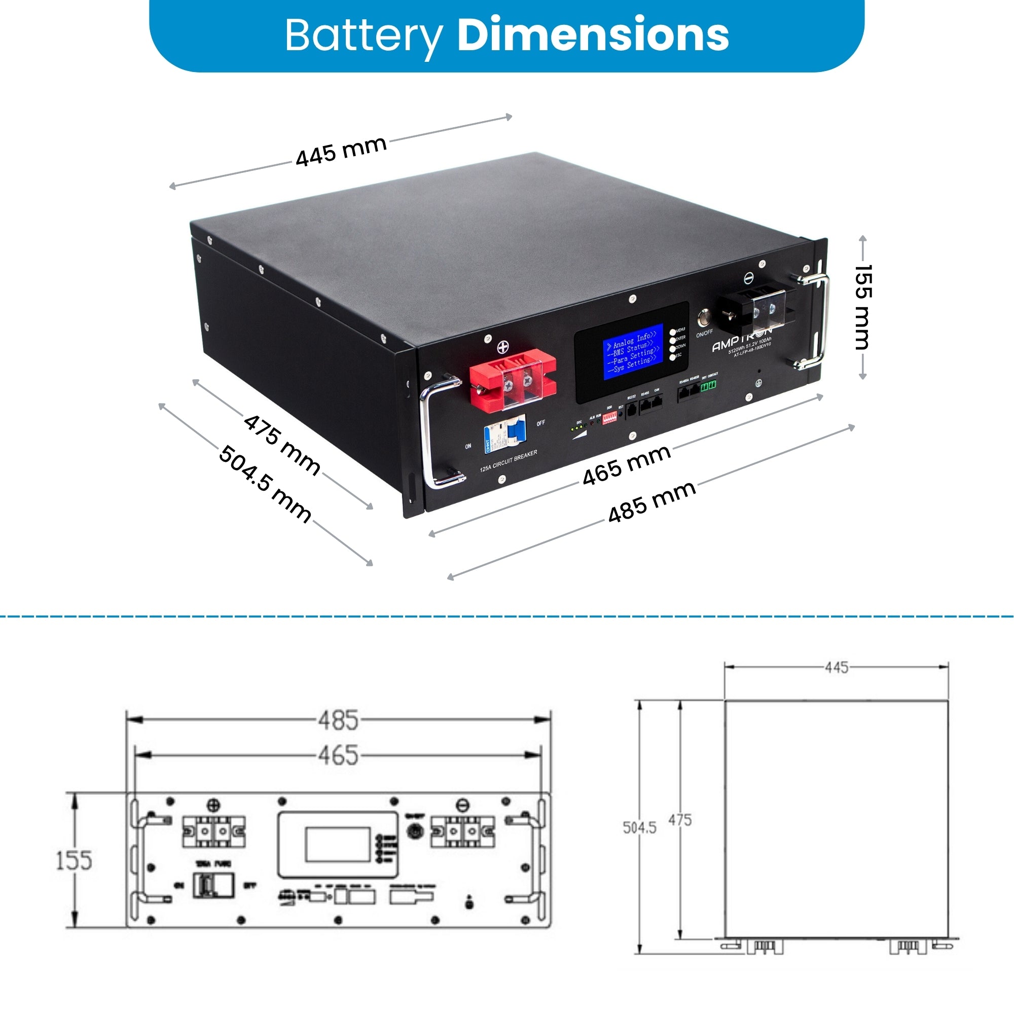 48V 100Ah / 100A LiFePO4 rack mounted battery with data comms