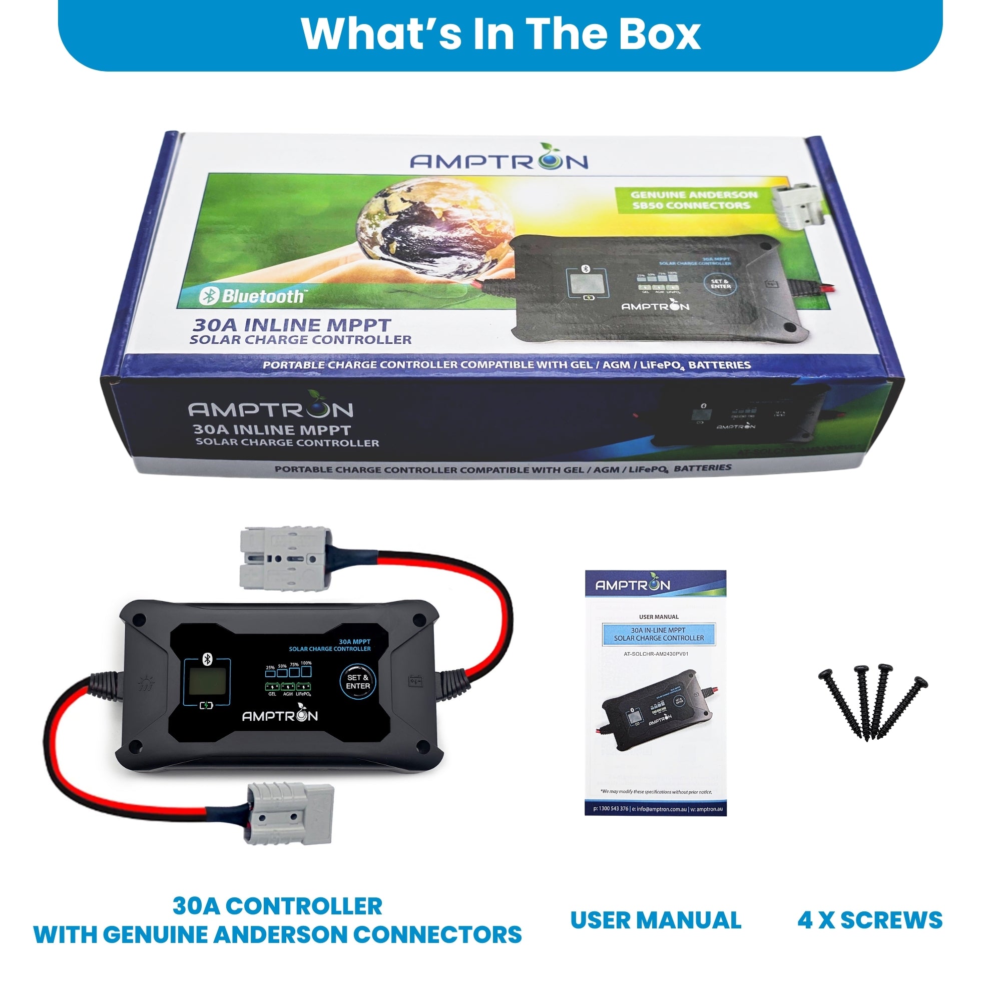 30A 12V/24V AM Inline MPPT Solar charge controller - with built-in Bluetooth - Lithium compatible