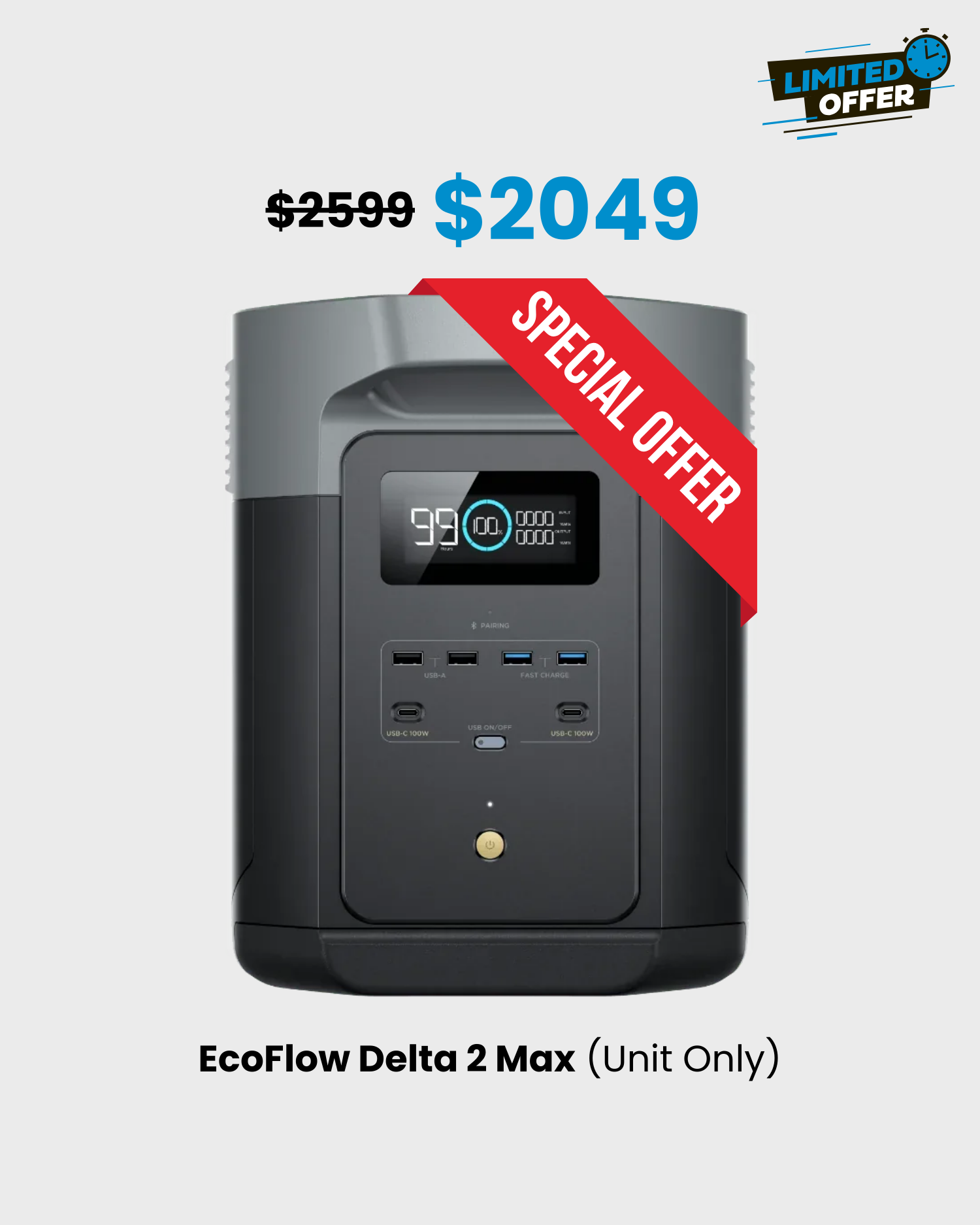 EcoFlow Delta 2 Max portable power station with a digital display, multiple output ports, and a red 'Special Offer' tag indicating a discounted price.