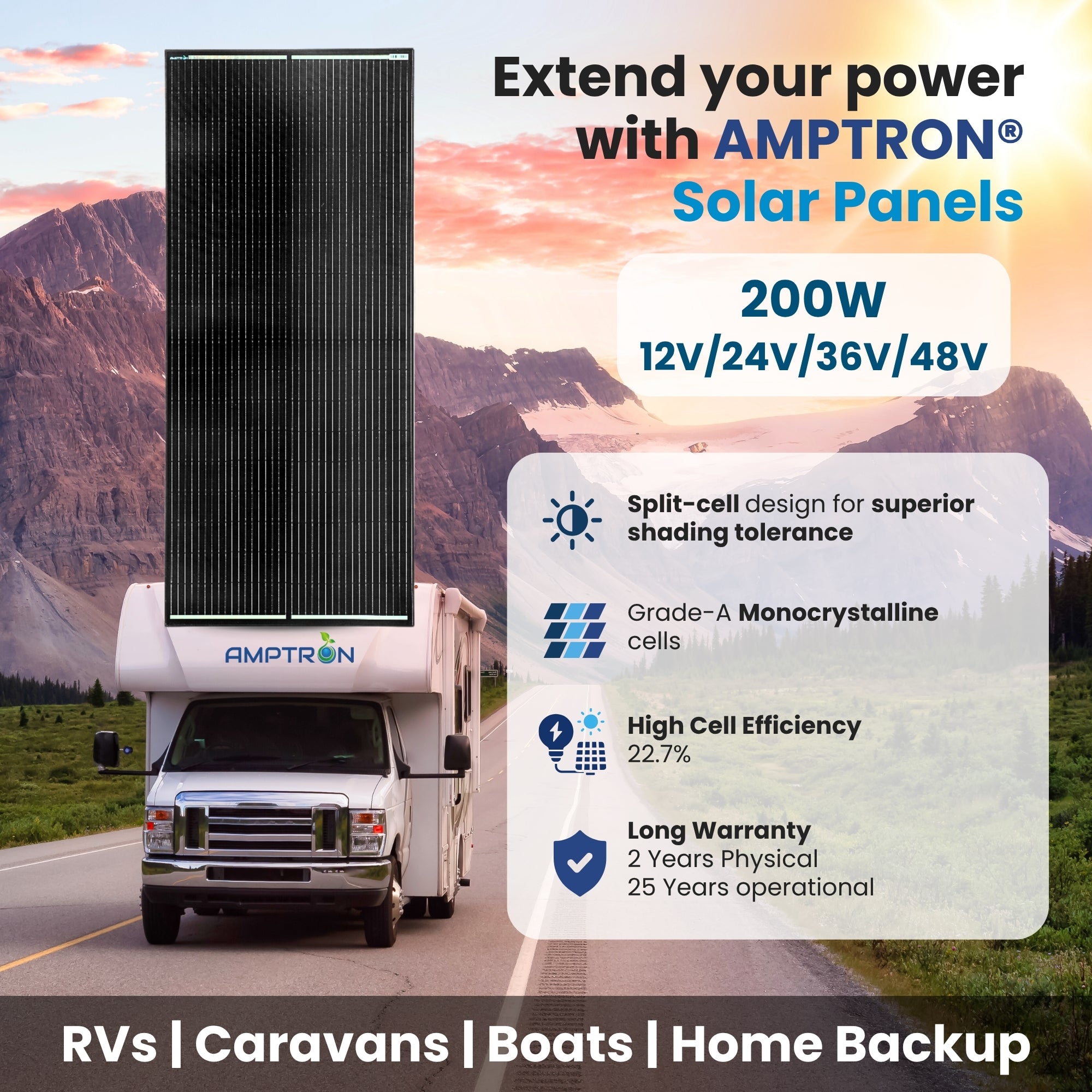 Amptron 200W 12/24/36/48V High Voltage Glass Solar Panel