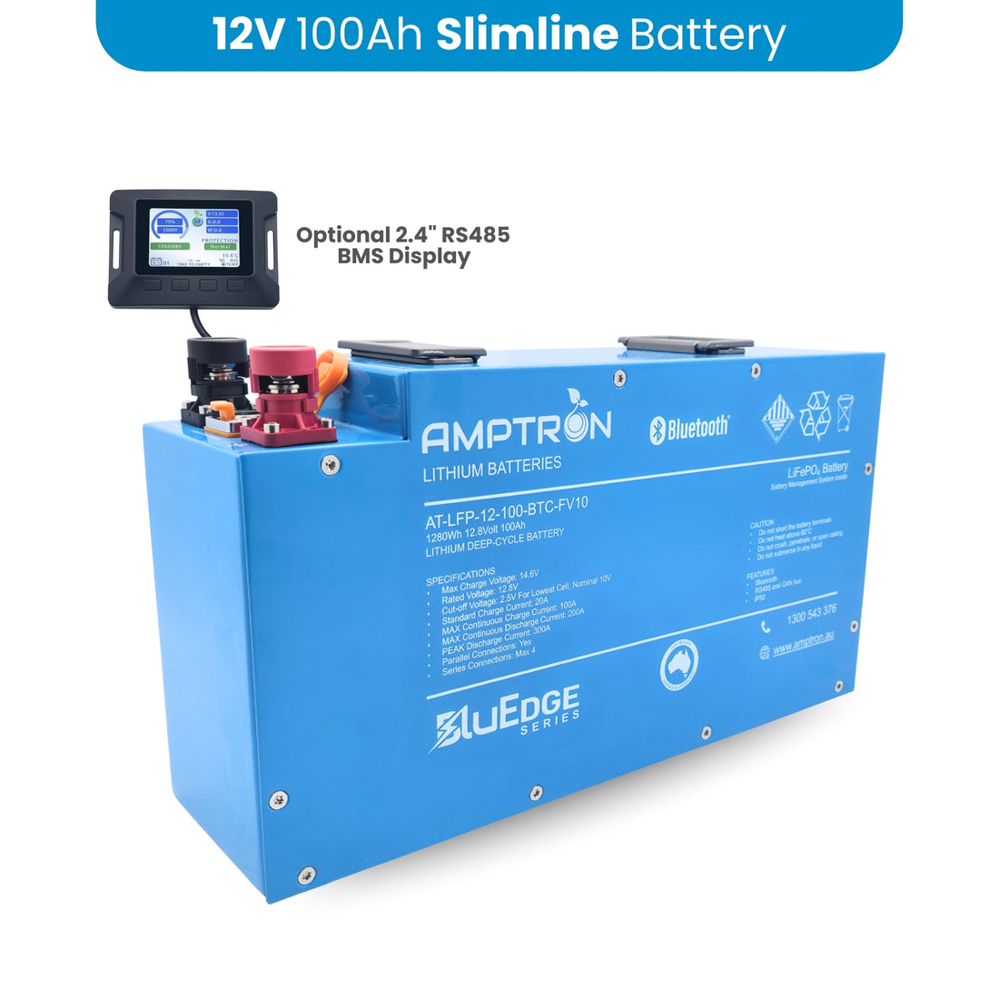 12V 100Ah / 200A LiFePO4 Aluminium Slimline BluEdge battery with Bluetooth and data comms