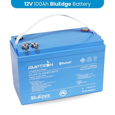 Blue BluEdge battery with Amptron branding on a white background
