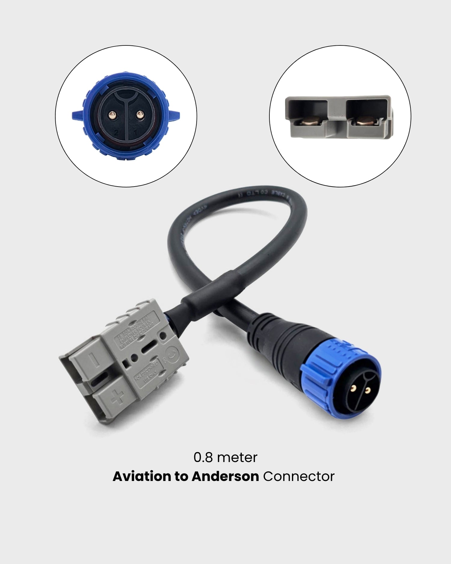 Aviation to Anderson connector cable with close-up insets on a light gray background