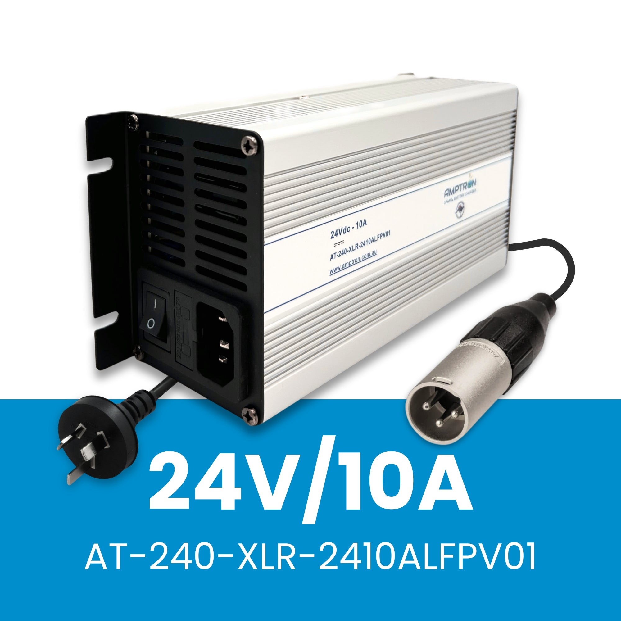 Amptron 24V 10A AC-DC Lithium LiFePO4 Battery Charger with XLR Plug