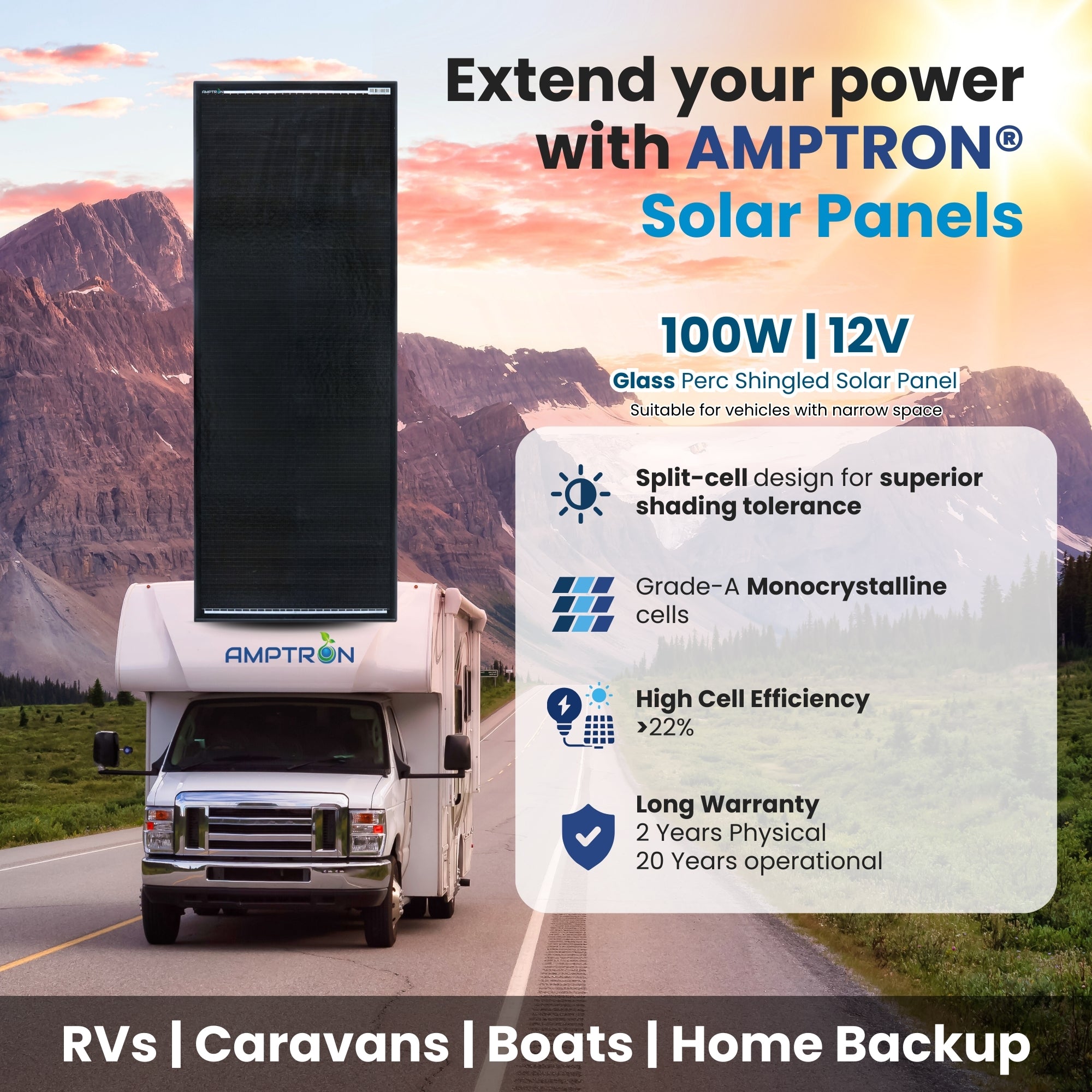 100W 12V Glass Perc Shingled Solar Panel 35mm Slimline width 460mm