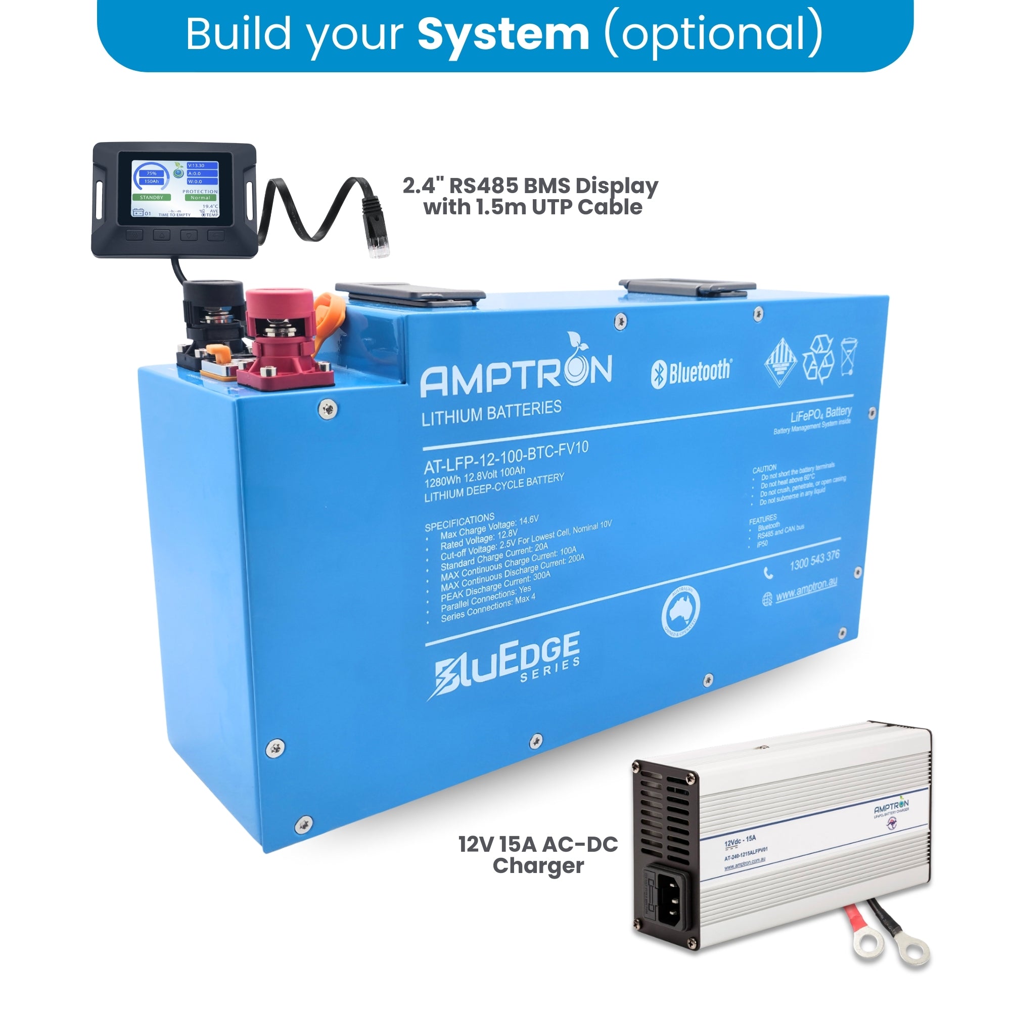 Amptron BluEdge 12V 100Ah Slimline Smart Lithium LFP Battery