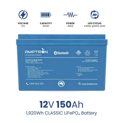 Amptron® 12V 150Ah LiFePO4 Deep Cycle Battery with Bluetooth - 1920Wh | BCI Group 31