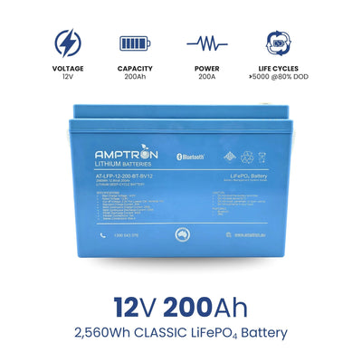 Amptron® 12V 200Ah LiFePO4 Deep Cycle Battery with Bluetooth - 2,560Wh