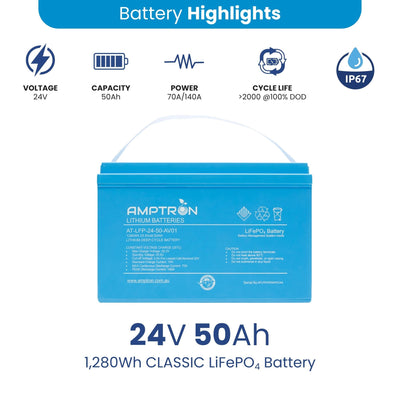 Amptron 24V 50Ah Lithium Battery with IP67 Rating - 1280Wh