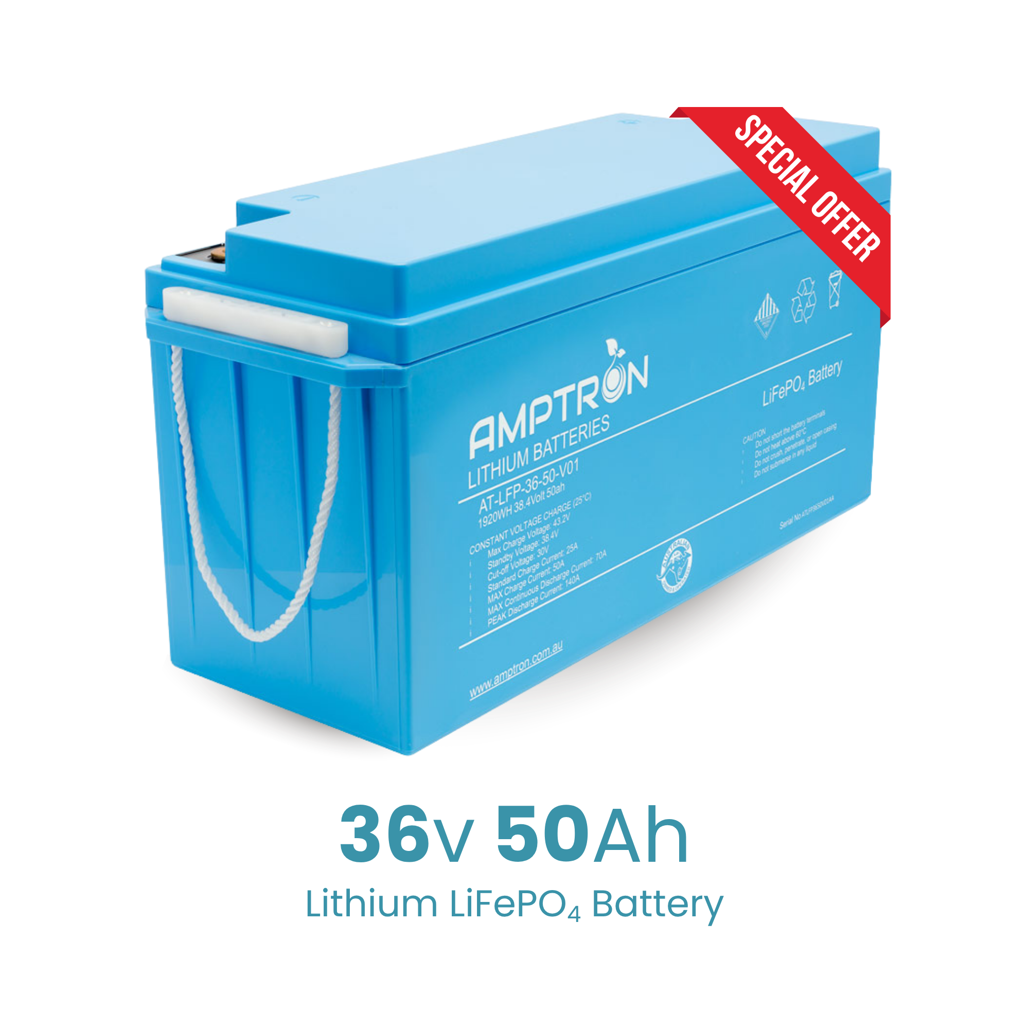 Amptron 36V 50Ah IP65 Lithium LiFePO4 Battery - 1920Wh