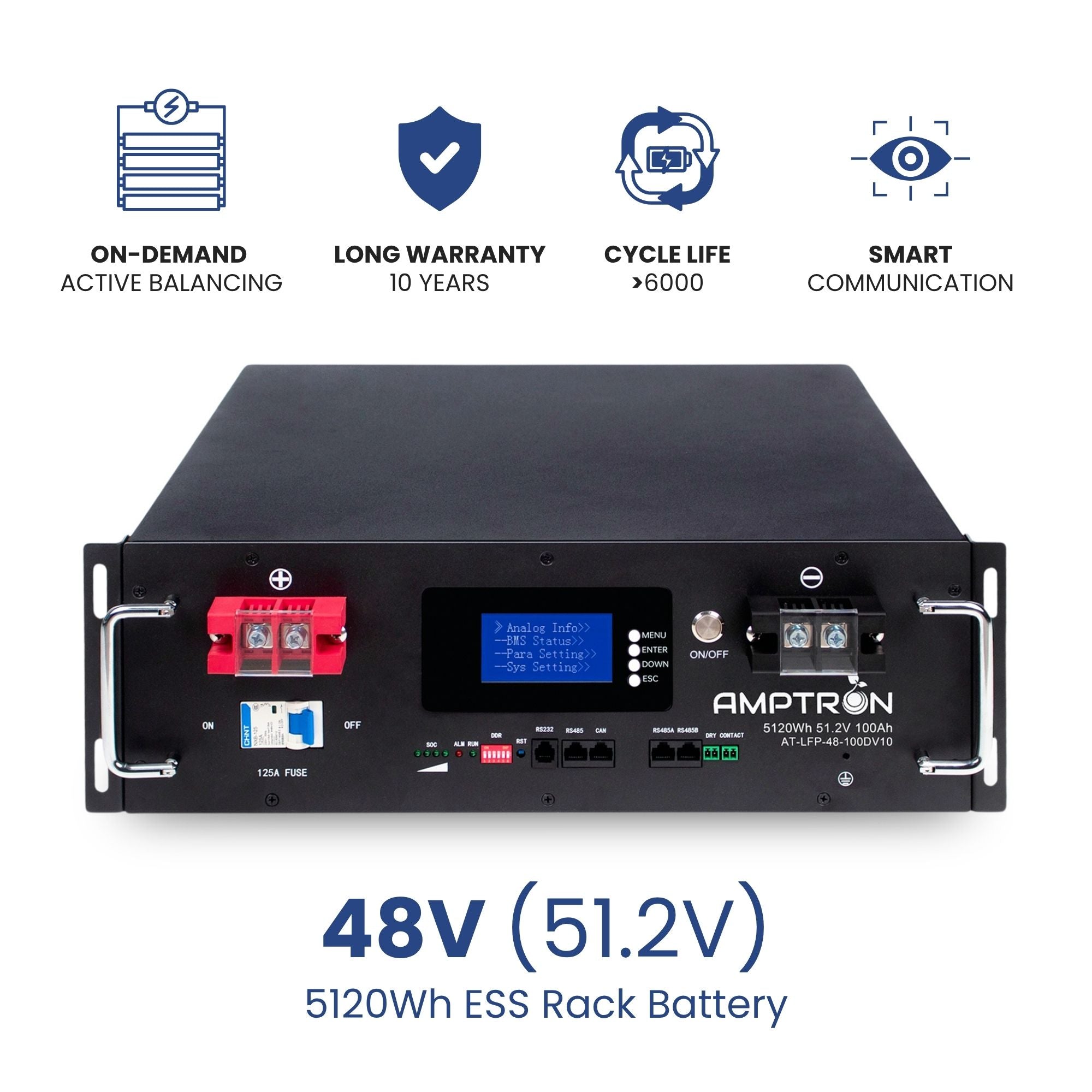48V 100Ah / 100A LiFePO4 rack mounted battery with data comms