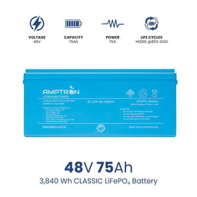 Amptron 48V 75Ah LiFePO4 Deep Cycle Battery - 3,840Wh