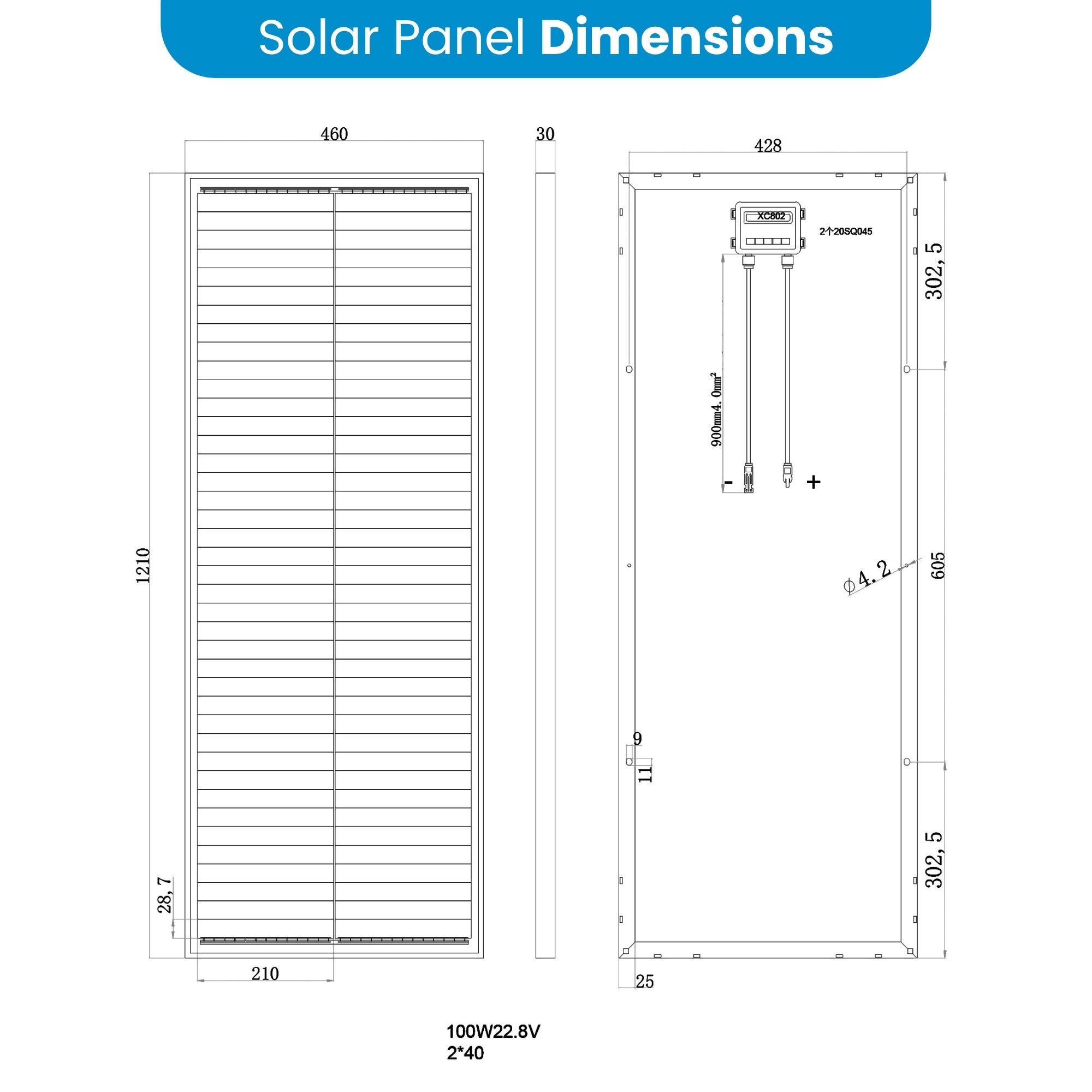 100W 12V Glass Perc Shingled Solar Panel 35mm Slimline width 460mm