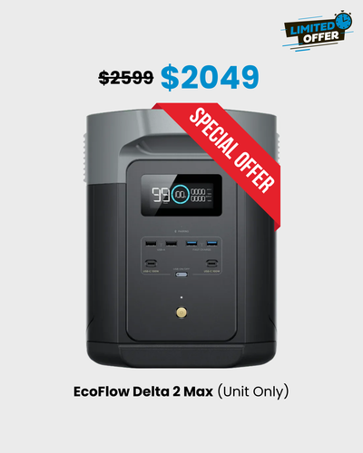 EcoFlow Delta 2 Max portable power station with a digital display, multiple output ports, and a red 'Special Offer' tag indicating a discounted price.