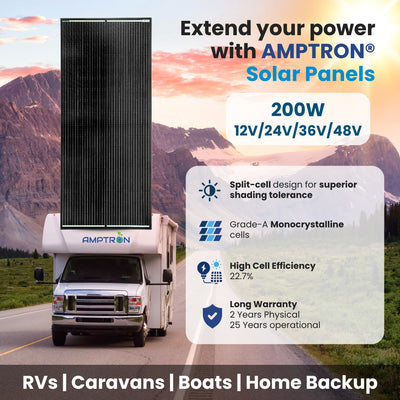 Amptron 200W 12/24/36/48V High Voltage Glass Perc Half Mono-crystalline Solar panel, 35mm Black Aluminium Framed Panel – Optional Aerodynamic Mounting Kit